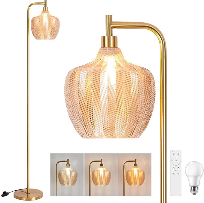 Gold Floor Lamp for Living Room, Modern Stained Glass Standing Lamp with Remote, Dimmable Amber Lampshade Tall Floor Lamps, Mid Century Vintage Floor Light for Bedroom Study Room Office (Amber)