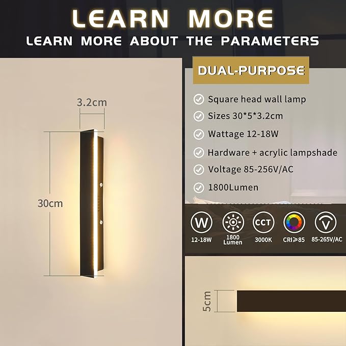 Mikeru 2 Pack Outdoor Wall Light, 11.82 Inch Front Porch Light, 3000k Black Exterior Wall Light Ip65 Waterproof Led Wall Mount Lighting, Exterior Wall Lights for House Courtyard Balcony Porch