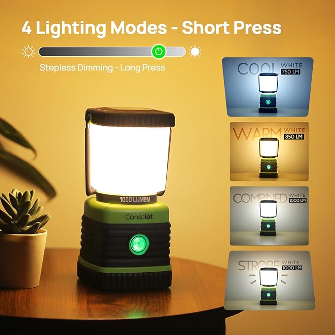 LED Camping Lantern, Consciot Battery Powered LED Lantern Flashlight, 1000LM, 4 Light Modes, IPX4 Waterproof, Survival Kits for Indoor Outdoor, Emergency Light for Home Power Outages, Hurricane, Storm