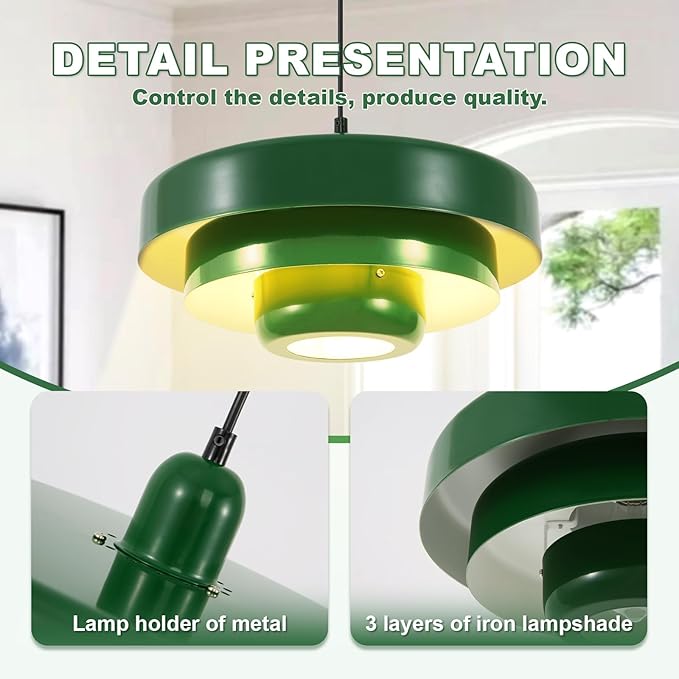 Industrial Vintage Green Plug-in Pendant Light, Adjustable Hanging Lamp with Metal Shade & Switch, No Hardwire Ceiling Light for Kitchen, Living Room, Office, Bar, Farmhouse