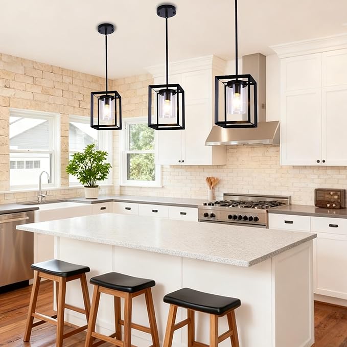 COTULIN 3 Pack Black Pendant Lights for Kitchen Island, Farmhouse 1-Light Iron Cage Metal Hanging Light with Clear Glass Shade, Industrial Lighting Fixtures for Living Room Bedroom Hallway Foyer