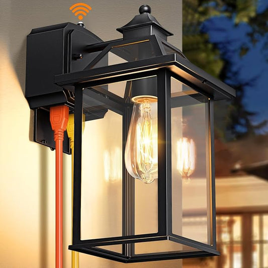 Porch Light with GFCI Outlet, 14'' Large Motion Sensor Outdoor Lights for House, Waterproof Exterior Lighting Fixtures, Black Anti-Rust Outside Wall Mount Sconce for Patio Front Door Entryway, E26