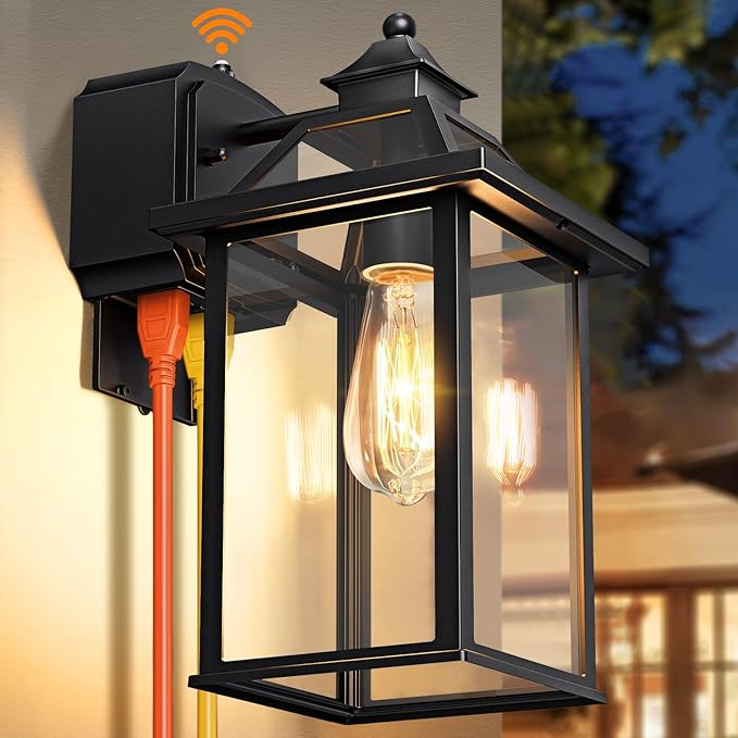 Porch Light with GFCI Outlet, 14'' Large Dusk to Dawn Outdoor Lights for House, Waterproof Exterior Lighting Fixtures, Black Anti-Rust Outside Wall Mount Sconce for Patio Front Door Entryway, E26