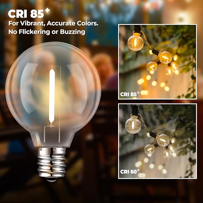 50 Pack G40 LED Replacement Bulbs, Shatterproof 1 Watt E12 LED Bulb for Outdoor Patio Garden Vintage String Lights, 2200K Warm White, Dimmable