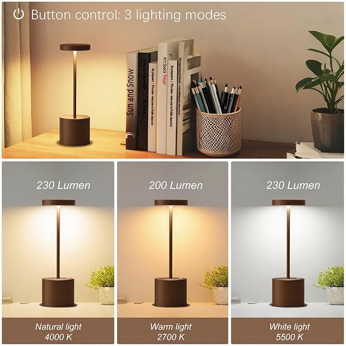 2-Pack Cordless Rechargeable Table Lamps, 3 Color Temperatures and Stepless Dimmable, IP54 Waterproof Portable Battery Operated LED Lights for Outdoor Patio Bedside Restaurant, Mocha