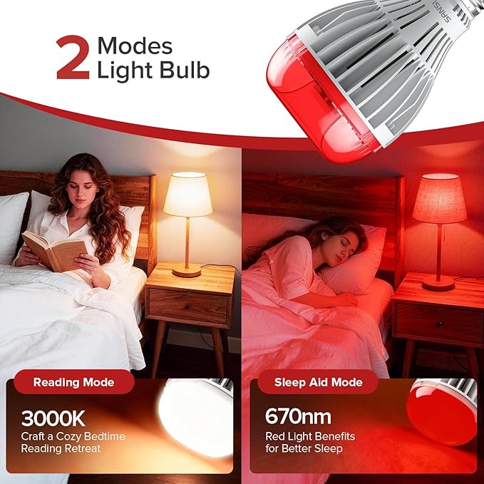 SANSI 670nm Red Light Bulb for Sleep Therapy with Remote Timer, Dimmable, Zero Blue Light for Melatonin Promoting, Dual Mode Natural Sleep Aid & 3000K Reading Light, 25W A21 E26 Red Light for Bedroom