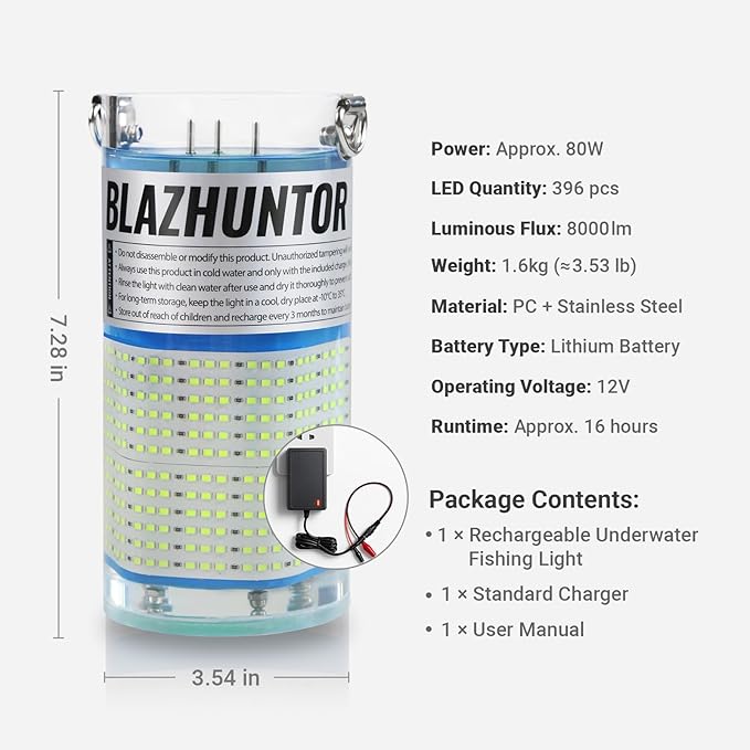 Rechargeable Underwater Fishing Light,Auto On in Water,Multi-Color Options, Up to 16000lm, IP68 Waterproof,No External Power,Cordless,Night Boat Dock Ice Fishing