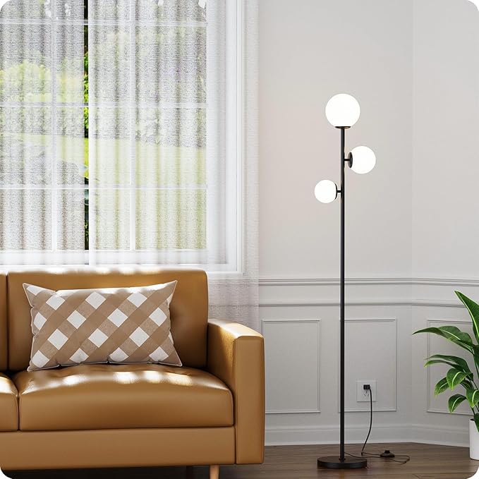 Floor lamp with 3 Frosted Glass Shades,Stangding Lamp Floor Lamps for Living Room Bedroom Office with 3 led Bulbs,Tall lamp with Foot Switch (Black)