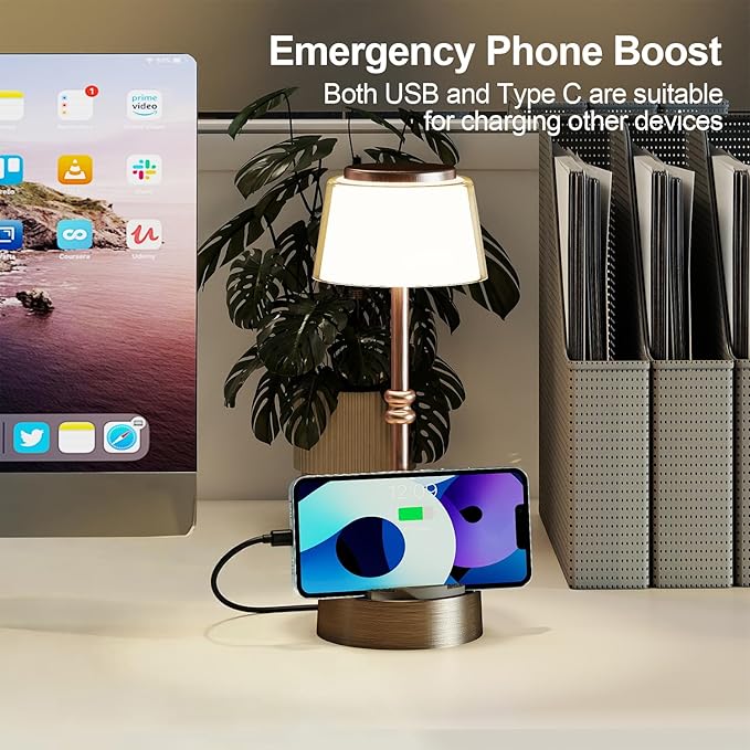 LED Cordless Lamp, 5 Colors Stepless Dimming Table Lamp, 4400mAh Rechargeable Battery with USB Charging Port, Portable Touch Bedside Light for Patio, Restaurant, Dining(2, Antique Brass)