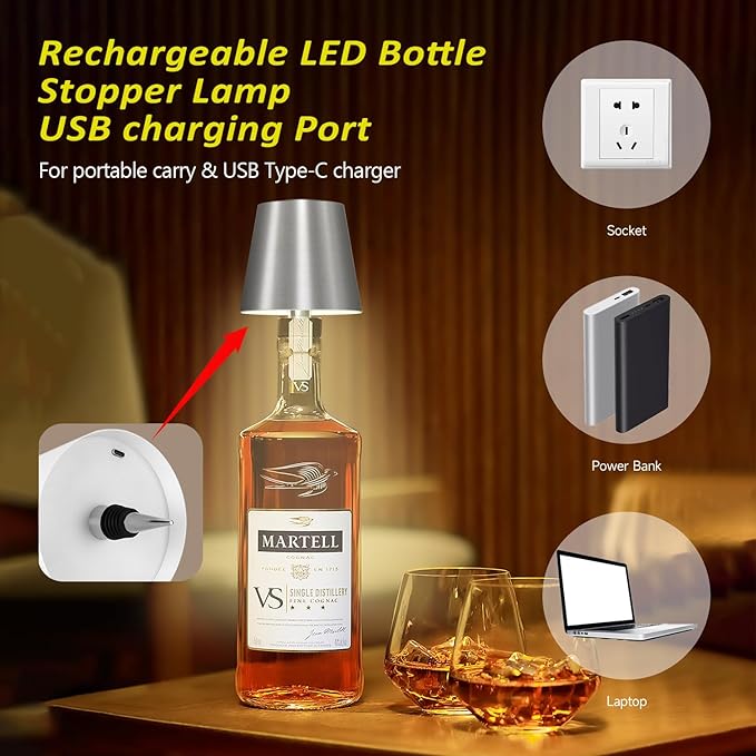 2025 New Wireless Bottle Lamp - LED Bottle Lights for Liquor & Wine Bottles, Cordless Lampshade, Whiskey Bottle Top Light, Bottle Stopper Night Light Kit, Rechargeable 3-Tone Touch-Dimmable