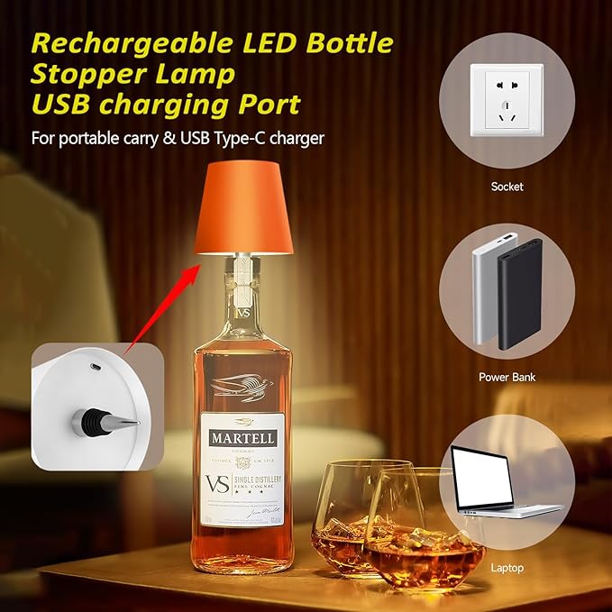 2025 New Wireless Bottle Lamp - LED Bottle Lights for Liquor & Wine Bottles, Cordless Lampshade, Whiskey Bottle Top Light, Bottle Stopper Night Light Kit, Rechargeable 3-Tone Touch-Dimmable
