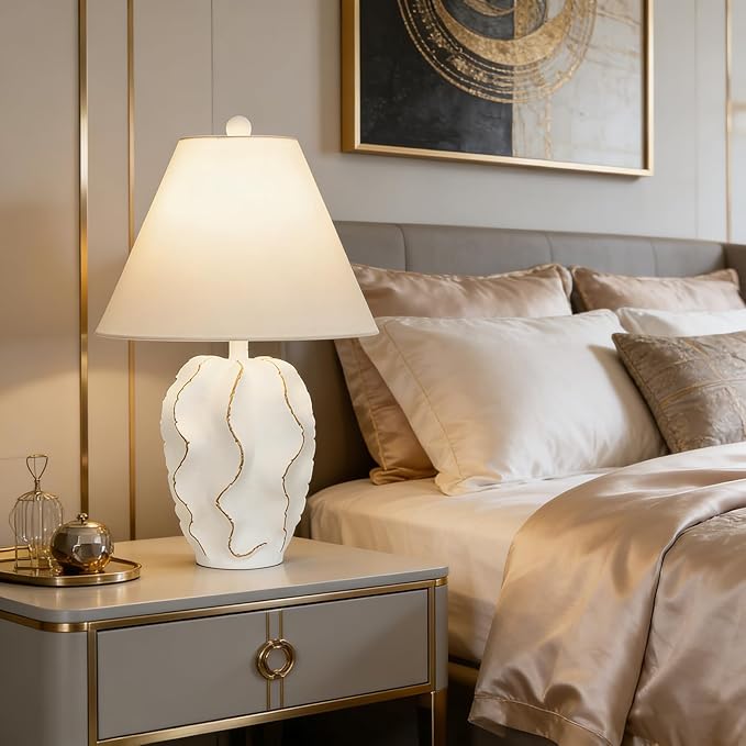 Modern Accent Table Lamp 20.4" High White＆Gold Sculptural Geometric Textured Urn Tapered Fabric Conical Shade Bedside Nightstand Lamps for Bedroom Living Room House Home Office