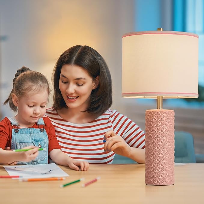 27" Farmhouse Bedside Table Lamp Set of 2, Pink Modern Ceramic Lamps for Living Room, 3 Color Temperature Rustic Table Lamps for Bedroom, Night Stands, Dorm,Office, Home Décor (Bulb Included