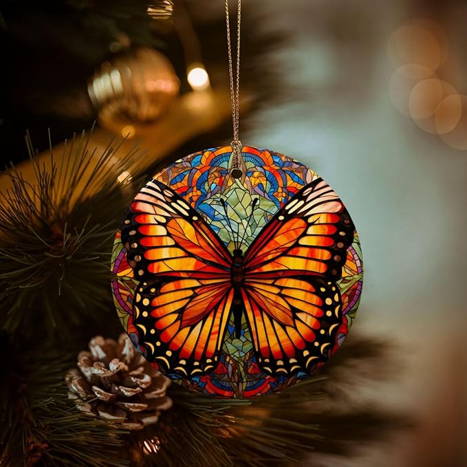 Butterfly Boho Glass Painting Christmas Ornaments, Christmas Decorations Xmas Tree Hanging Ornaments, Round Ceramic Festive Keepsake Gift for Xmas Decorations Holiday Home Decor