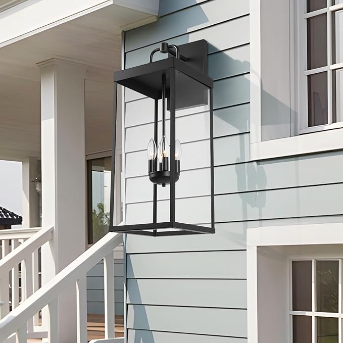 Outdoor Wall Sconce Light, 28 Inch Tall Transitional Exterior Wall Bracket Lighting with Clear Glass, Modern Anti-Rust Outside Black Carriage Lantern Lamp for Front Porch Corridor Doorway Patio
