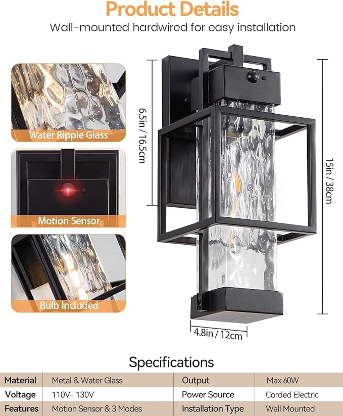 Outdoor Motion Sensor Lights 2 Pack, Dusk to Dawn Outdoor Lighting Exterior Lighting Fixtures with Water Glass, Waterproof Sconce Wall Mount for House Porch Patio Garage, Bulb Included