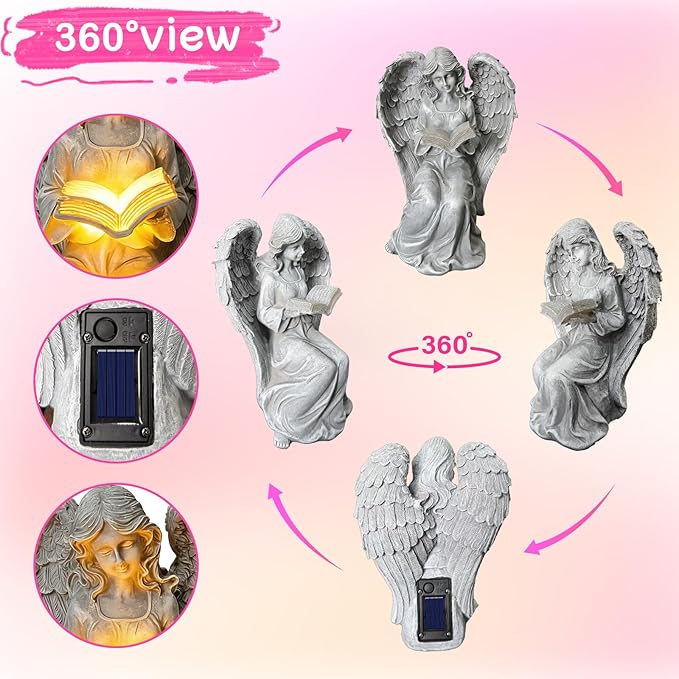 Solar Garden Outdoor Angel Statues with Book - Solar Resin Fairy Waterproof with LED Lights for Balcony Patio Lawn Table Yard Ornaments, Birthday Gifts for Women Mom Grandma