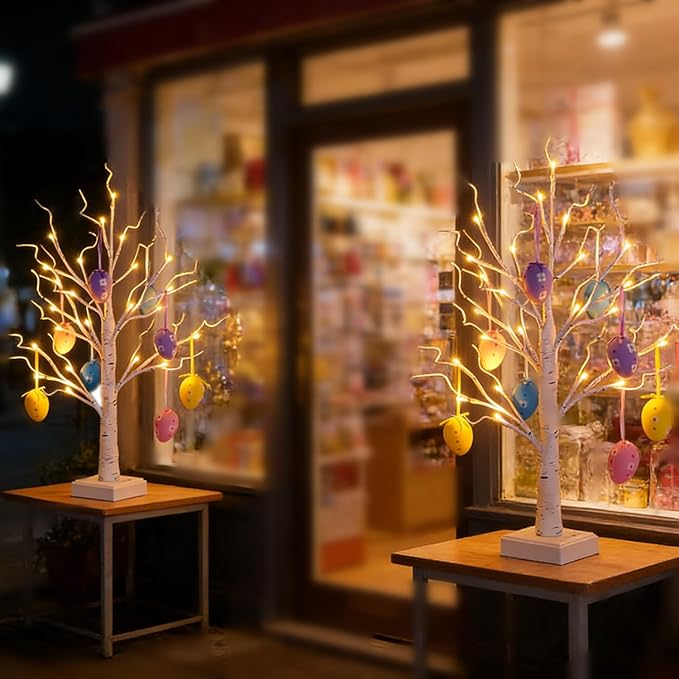 Easter Tree Lamp Lighted up Easter Decorations for Tabletop, Artifical Mini Birch Tree Bonsai Decor for Bedroom Bedside Fireplace Aesthetic,Battery and USB Dual Powered(Includes 8 Easter Eggs),23.6''