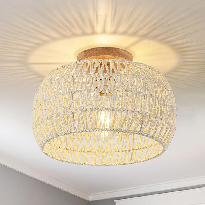 Boho Light Fixtures Ceiling ,Cream White Rattan Chandelier Ceiling Light,Small Rattan Flush Mount Ceiling Light Hand-Woven Chandelier for Nursery Light Fixture Kitchen Farmhouse Bedroom Chandeliers