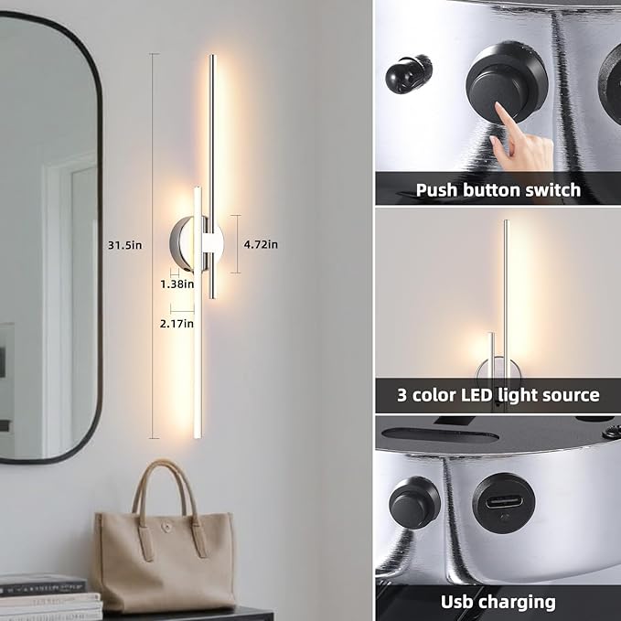 Wireless Battery Operated Wall Sconces with Remote, USB Rechargeable Led Wall Lights, 3000K-6000K Wireless wall sconces for Bedroom, Hallway, Living Room. Chrome 31.4-Inch Wall Light Set of Two
