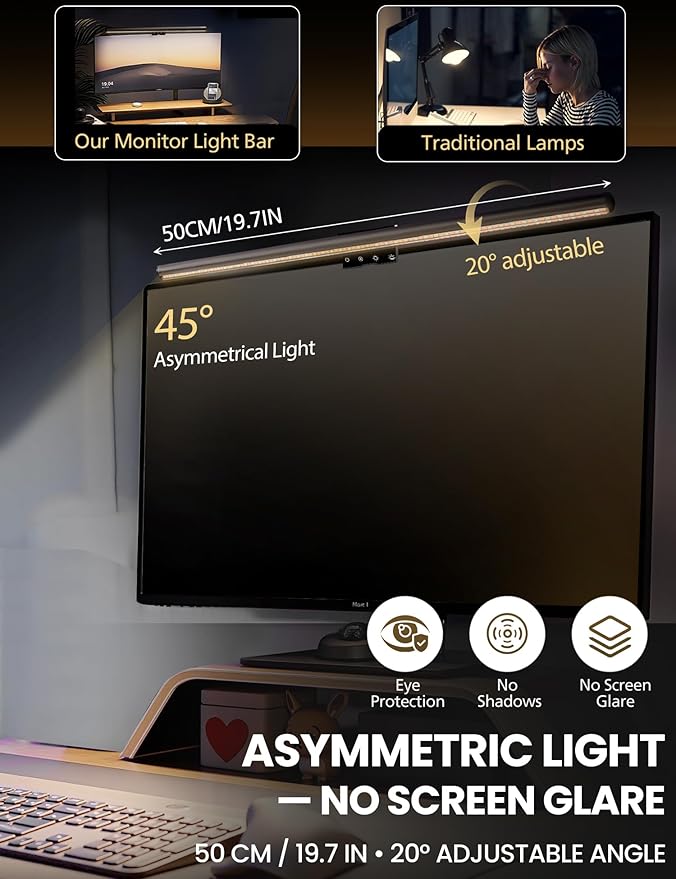 Monitor Light Bar 19.7”, No-Glare Asymmetric Screen Lamp, Auto-Dimming, CRI Ra97, 2700K–6500K & Stepless Dimming, Touch Control, Includes 5V/2A Adapter, Fits 0.2–1.1” Monitors (Not for Laptops)