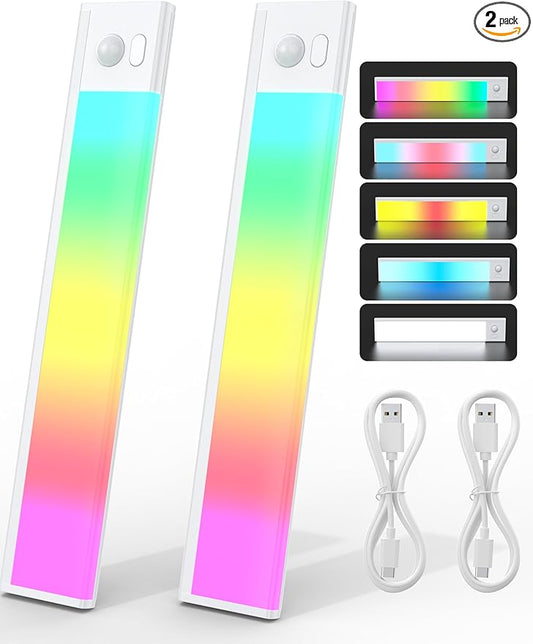 Joyzy Motion Sensor Under Cabinet Lights Rechargeable RGB Ambient Light, 66 LED Closet Lighting with 4 Color Modes and White Light Magnetic Dimmable Under Counter Light Pantry Light (110 Lumen)