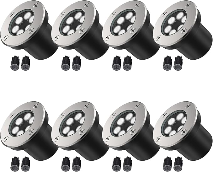 JESLED Low Voltage Landscape Lights, 6W LED Well Lights IP67 Waterproof, 6000K Bright White In-Ground Lights with Wire Connectors for Pathway, Deck, Patio, Yard, Garden (8 Pack)