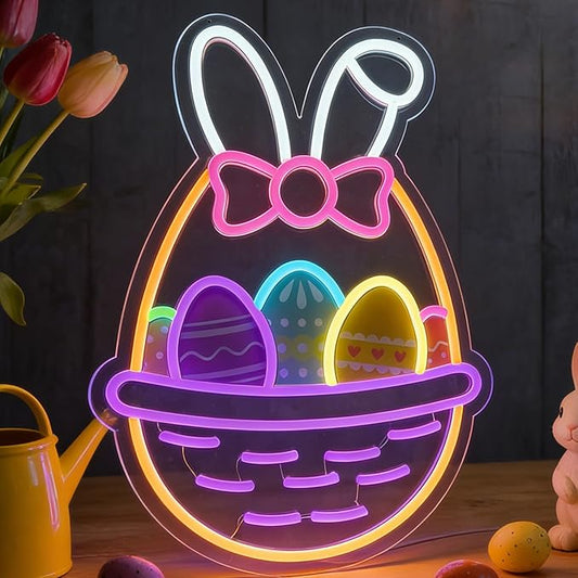 16 In Easter Egg Basket Neon Sign with Bunny Dimmable Bow Egg Basket Led Sign Neon for Wall Decor for Window Party Gifts Bedroom Holiday Spring Bar Home Business Holiday