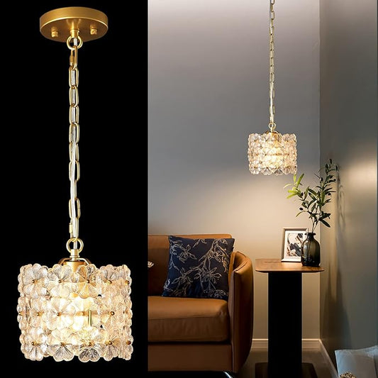 Crystal Pendant Light, Gold Adjustable Hanging Ceiling Light Fixture Modern Pendant Lighting for Kitchen Island, Dining Room, Living Room, Bedroom