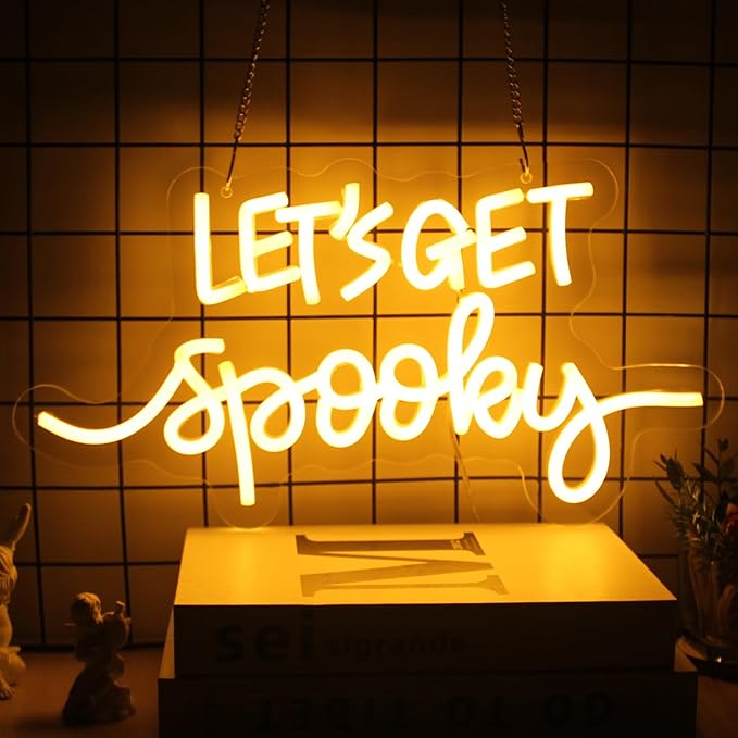 Let's Get Spooky Neon Signs Halloween Neon Sign Yellow Letter LED Neon Light Signs Spooky Neon Wall Sign Quote LED Sign Neon Lights for Wall Bedroom Bar Man Cave Party Halloween Room Decor