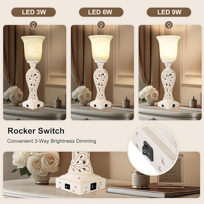 20" Bedside Lamp for Bedroom, Torchiere Table Lamp with 2 USB Charging Ports, Vintage Desk Lamp with Glass Shade, 3-Way Dimmable Bulb Included, Retro Rustic Nightstand Lamp for Living Room Entryway
