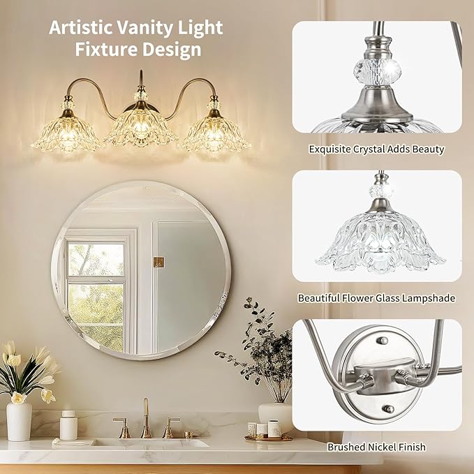 Brushed Nickel 3-Light Bathroom Vanity Light with Floral Clear Glass Shades, Brushed Nickel Wall Mount Lighting for Bathroom, Dressing Table