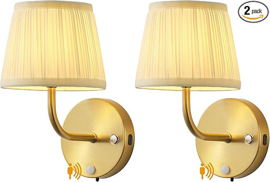 PUSU Motion Sensor Gold H9.6 inch Small Wall Sconces Set of 2, LED Cordless Rechargeable 5200mAh Battery Operated Fabric Wall Lamps with Remote, Lighting for Living Room, Bedroom, Hallway, Stairs