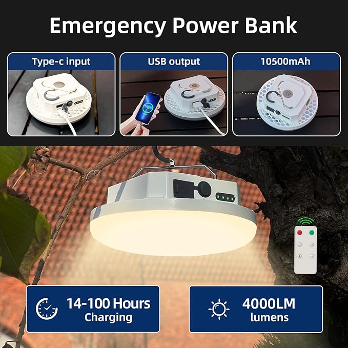 10500mAh 4000-Lumen Camping Light Portable LED Camping Lantern 30W Rechargeable Magnetic Hanging with Battery Indicator & Remote Control Outdoor Camping Flashlight Power Outage Emergency Lighting