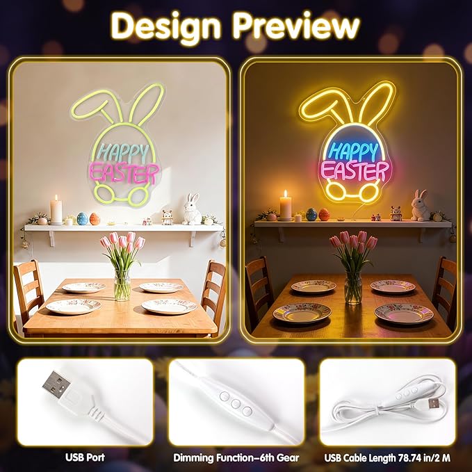 Easter Decorations LED Neon Sign - Happy Easter&Rabbit&Egg Window Lights,USB Power Neon Lamp Home Party Indoor Outdoor Wall Bunny Decor,Light Up Sign for Bedroom,Easter Birthday Party Decorations