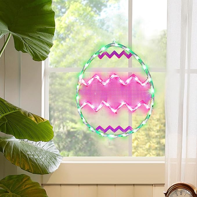 LAMPHOME 17" Lighted Green with Pink Chevron Stripe Easter Egg Window Silhouette