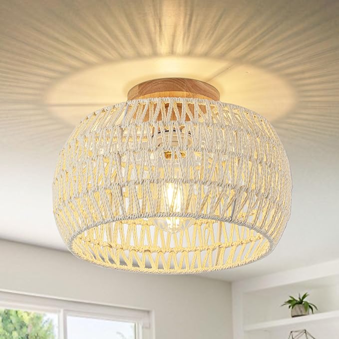 Boho Light Fixtures Ceiling ,Cream White Rattan Chandelier Ceiling Light,Small Rattan Flush Mount Ceiling Light Hand-Woven Chandelier for Nursery Light Fixture Kitchen Farmhouse Bedroom Chandeliers