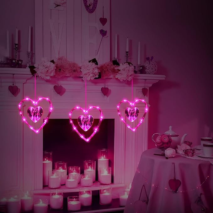 3 Pack Valentines Day Window Lights Decorations with Timer, Battery Powered Hanging Pink Lighted Heart Shaped Sucker LED Lamp for Indoor Home Decor