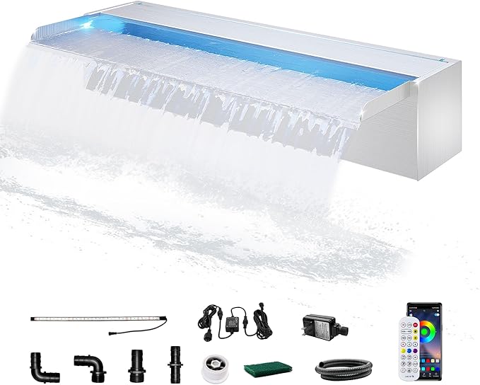 LONGRUN Stainless Steel Waterfall Spillway, APP Control Multi-Color LED Light Outdoor Pool Fountain, Water Spillway Koi Pond Waterfalls Fountains Kit for Garden Patio Swimming Pool Decoration-23.6"
