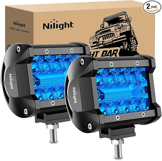 Nilight 4 inch LED Light Pod Blue Triple Row 2PCS 60W Flood Spot Combo Driving Fog Fishing Hunting Emergency Safety Signal Deck Trailer Lighting for UTV Pick-up Van Boat Tractor