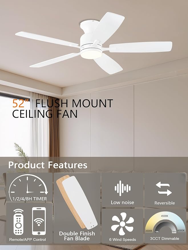 KNUN 52 Inch Ceiling Fans with Lights,Flush Mount Ceiling Fan with Remote/APP Control, 3CCT Dimmable, Double-Sided Blades, Reversible Motor, Low Profile Ceiling Fans for Living Room,Bedroom(White)