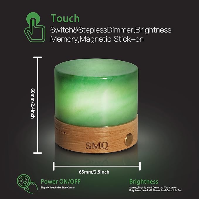 SMQ Green Aventurine Crystal Night Light with USB Charging Port,Handmade Polished Healing Crystal Stones Lamp Cylindrical Touch Night Light with Wooden Base for Living Room,Shelf,Office Decor