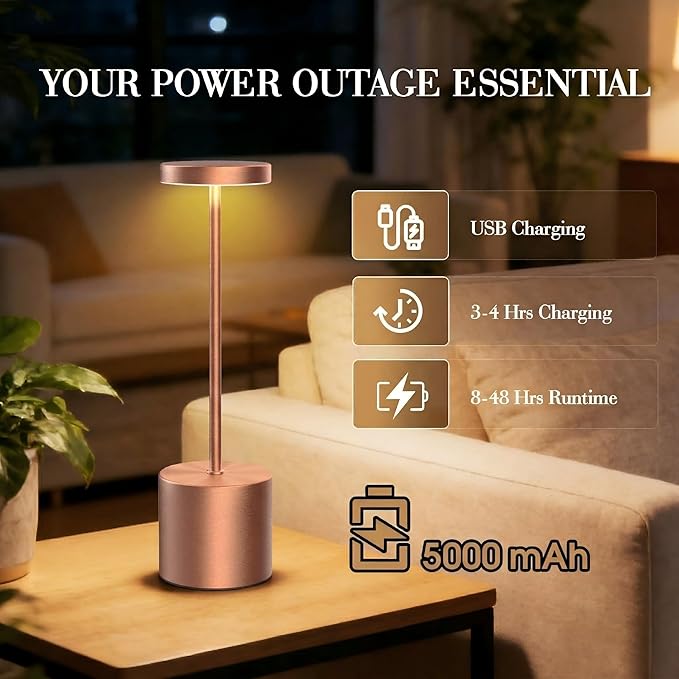 Cordless Table Lamp – 2 Pack Rechargeable Table Lamps, 5000mAh Battery Operated Lamp with 3-Color Dimmable Light, Outdoor Table Lamp for Bedroom, Restaurant, Patio, Home Décor (Rose Gold)