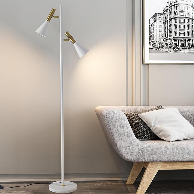 Elegant Modern Floor Lamp with 2 Adjustable Head,White and Gold Stand up Lamps with Marble Base,Tall Pole Uplight,Tree Floor Lamps for Living Room,Office