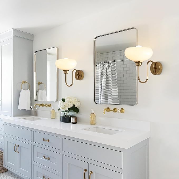 KCO Lighting 1-Light Vintage Bathroom Wall Sconces Gold Globe Wall Sconce Lighting Brushed Brass Bedroom Wall Lighting Milk Glass Wall Light Industrial Wall Lamp for Hallway Porch