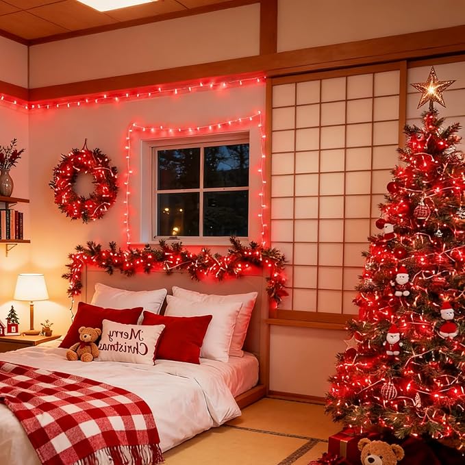 LAMPHOME 300 LED Red String Lights 99ft, 16 Modes Plug in Fairy Lights, Waterproof Clear Wire Starry Lights for Valentine's Day, Wedding, Mother's Day, Christmas Indoor Outdoor Decor