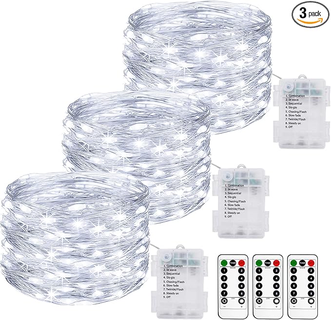 3 Pack 33FT 100LED Fairy String Lights Battery Operated with Remote and Timer,IP65 Waterproof Dimmable Copper Wire 8 Modes Twinkle Lighting for Indoor Outdoor Bedroom Christmas Decor-Cool White