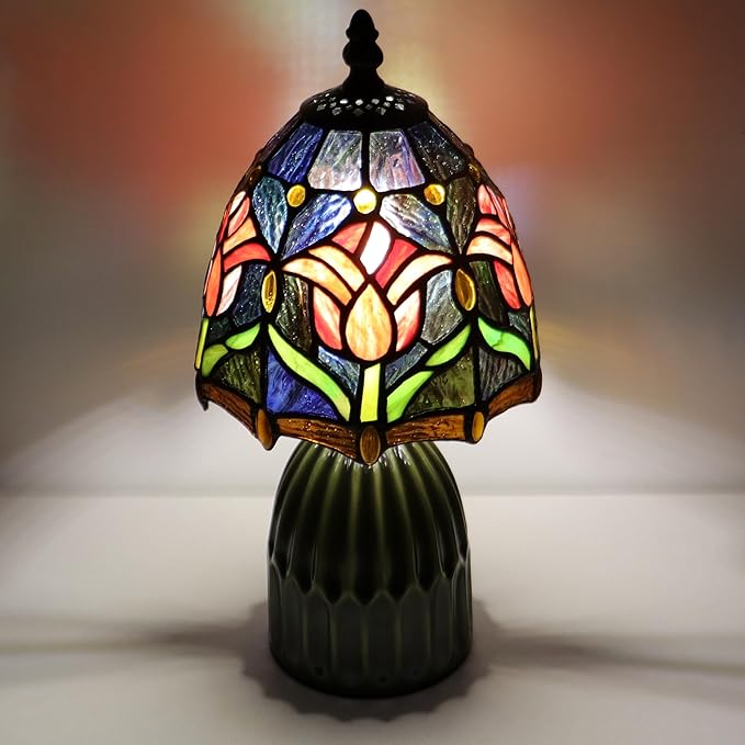 Tiffany Lamp Stained Glass Mushroom Table Lamps 6X6X12.5 Inch Red Tulip Style Small Night Light Ceramic Base Mini Accent Desk Light Suitable for Bedside Table Bedroom Children Room