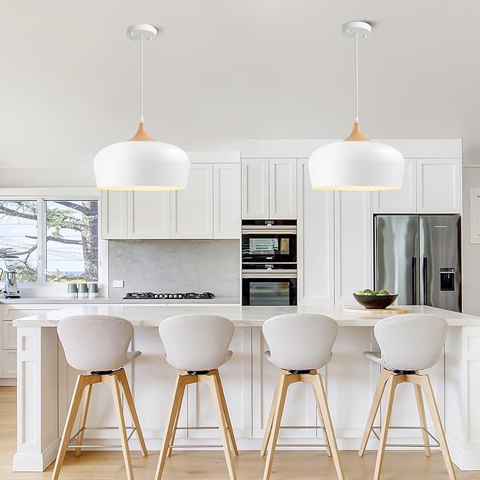 Large 13.8 in Modern Wood Pendant Light Fixtures,Adjustable White Pendant Lighting Fixture,Dome Ceiling Hanging Lights for Kitchen Island, Dining Room