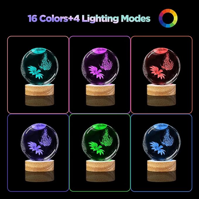 3D Butterfly Crystal Ball Night Light with 16 Colors and 4 Modes, Upgraded K9 Crystal, 3.15 Inch Butterfly and Flower Figurines, Remote Control, Gift Box